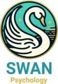 round SWAN Psychology logo of white swan on starry teal background, with golden circle around